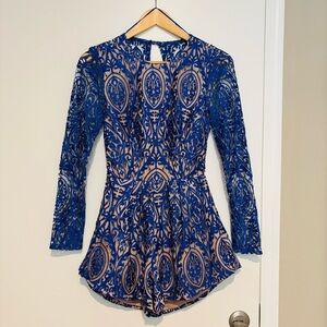 Lace blue/brown lined Backless Shorts Jumpsuit size XS-S